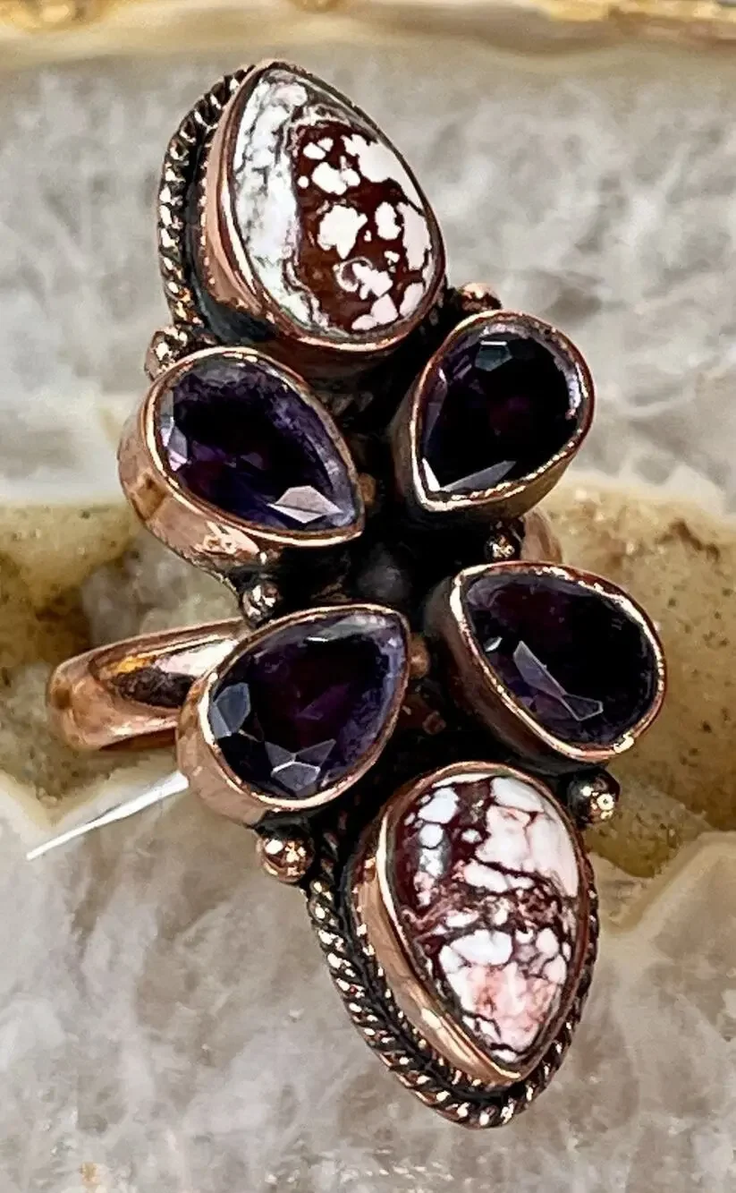 Wild Horse Turquoise Amethyst Copper Cluster SW Statement Ring Adj Sz Handmade